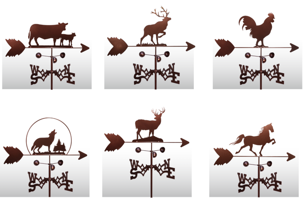 Detailed closeup of a deer themed weathervane mounted on a metal roof, featuring intricate deer silhouette design.